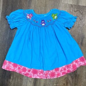 Blue Corduroy Bishop Dress with Pink Flower Trim and Owl Smocking
